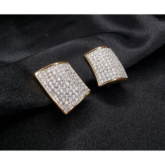 Vintage Swarovski 1990s Gold-Plated Square Clip-On Earrings With Clear Crystal P - Picture 1 of 5